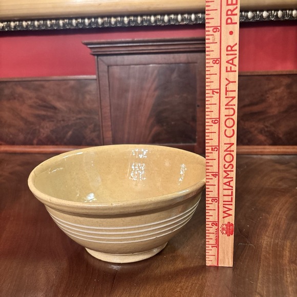 Antique Yellow Ware Mixing Bowl 7 3/4" Stoneware 4 White Slip Bands Primitive - Picture 7 of 8